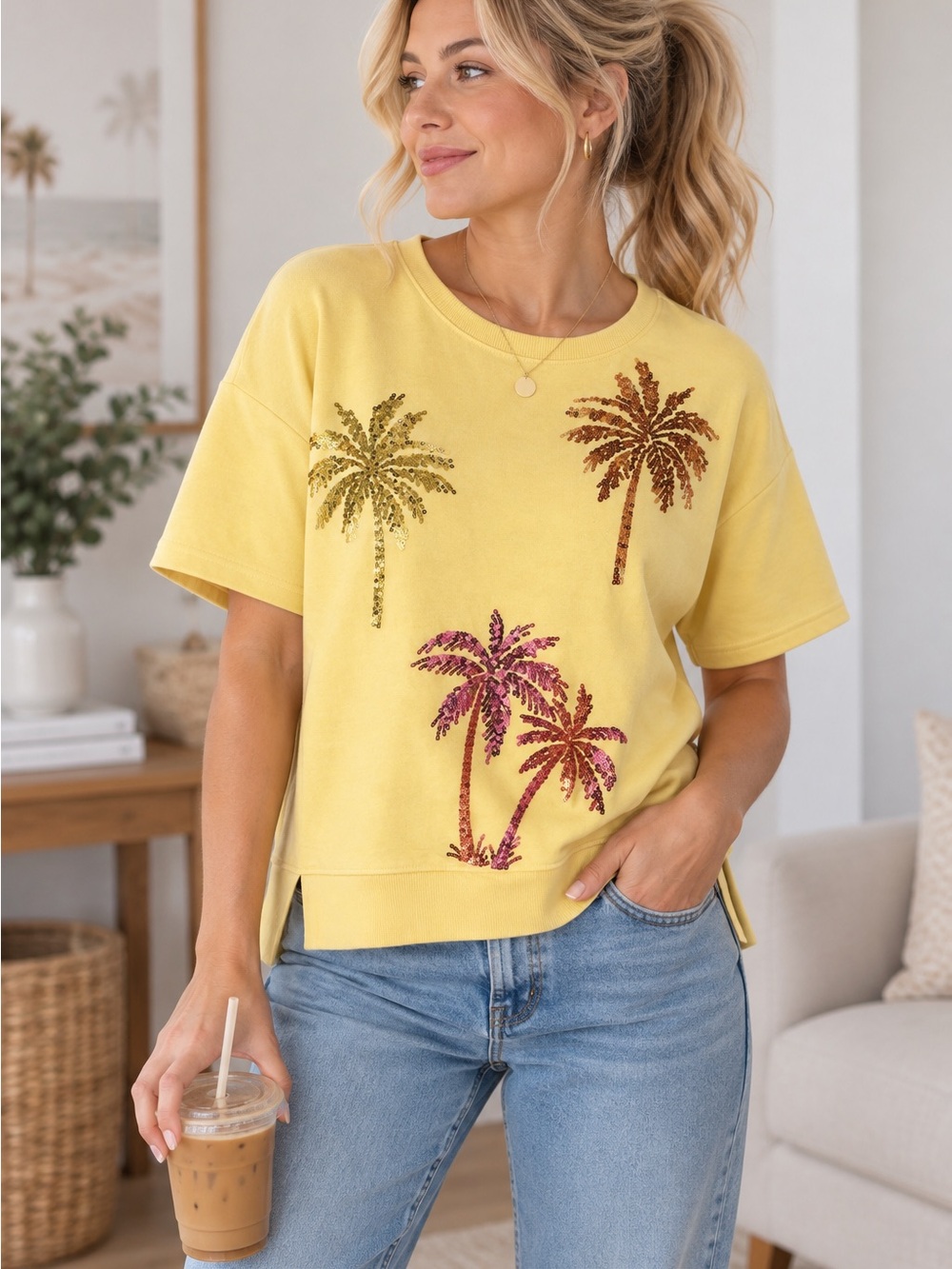 Cato NWT Yellow Sequin Palm Tree Short Sleeve Sweatshirt Top Medium